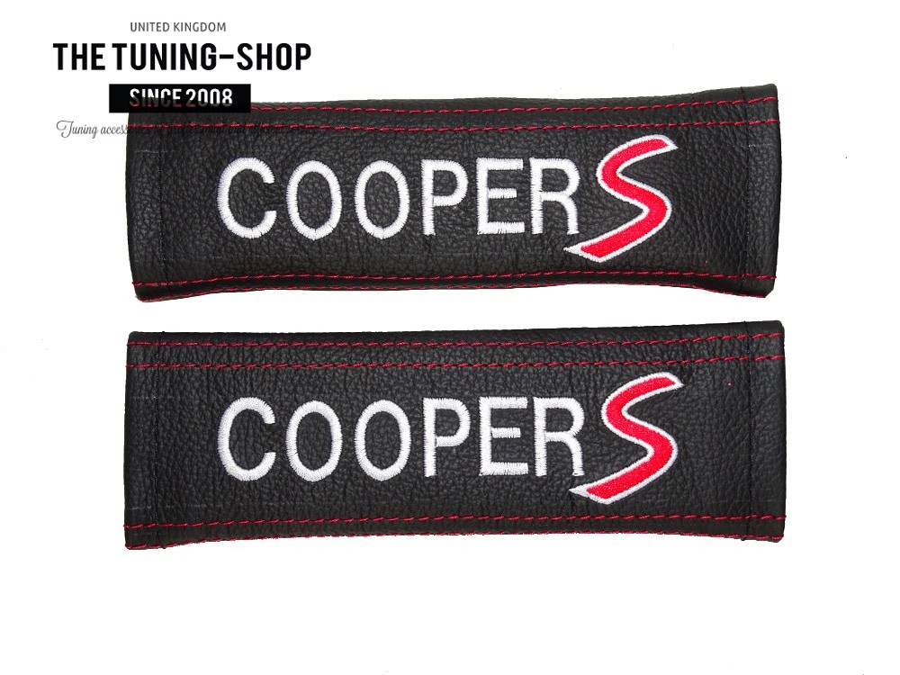 2x pastillas de cubiertas de cinturón de seguridad de cuero negro /"cooper S/" Bordado Rojo Para Mini